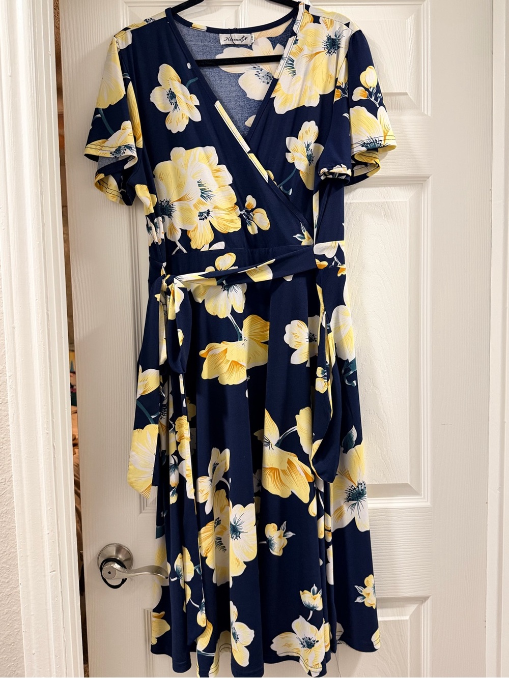 Women's Navy Floral Wrap Dress with Yellow Blooms